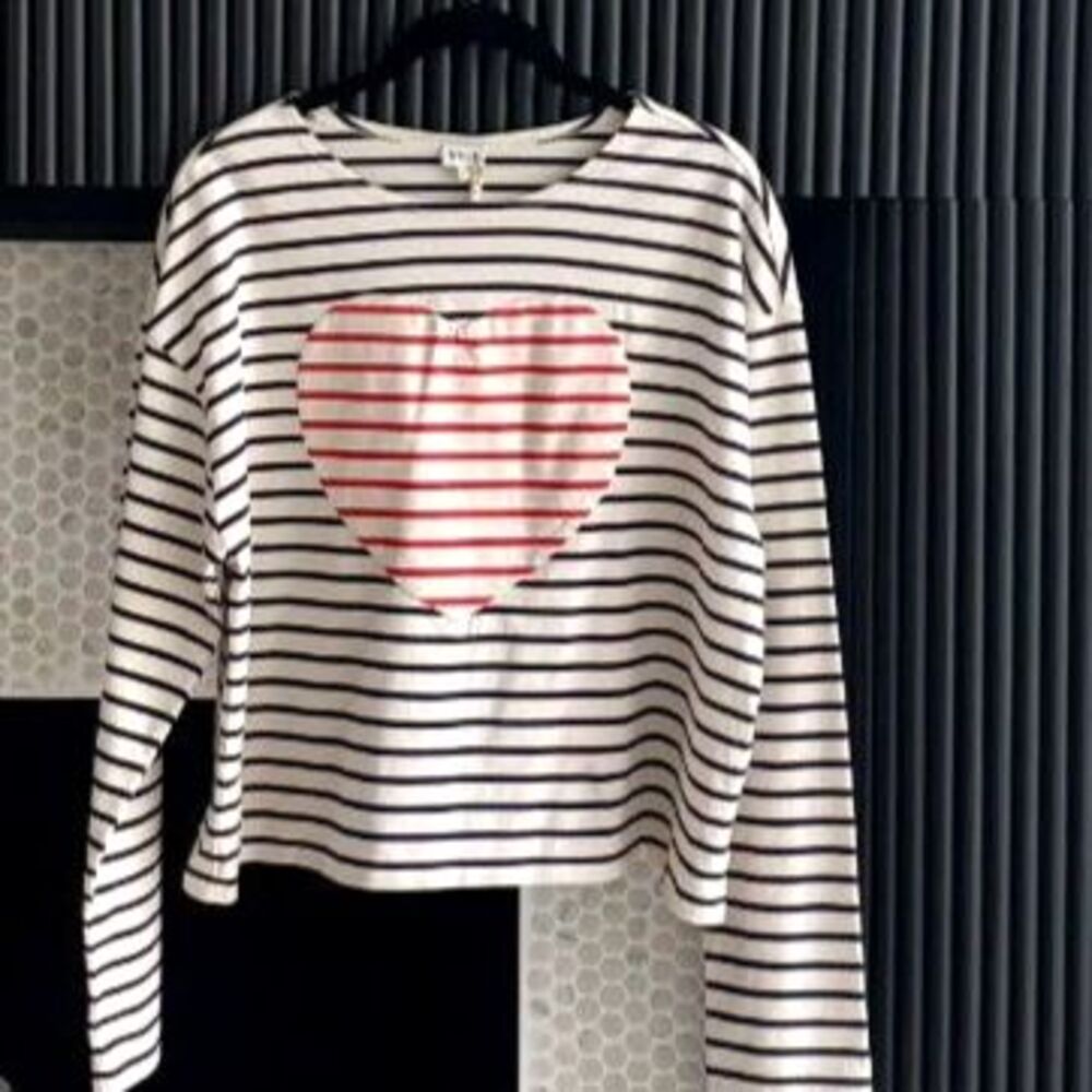 KULE The Piecework Heart Crop Tee Striped Long Sleeve Size Large